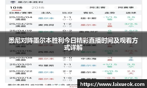 悉尼对阵墨尔本胜利今日精彩直播时间及观看方式详解
